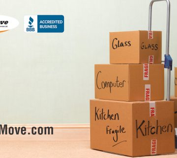 Stacked cardboard boxes labeled with fragile items near a wall.